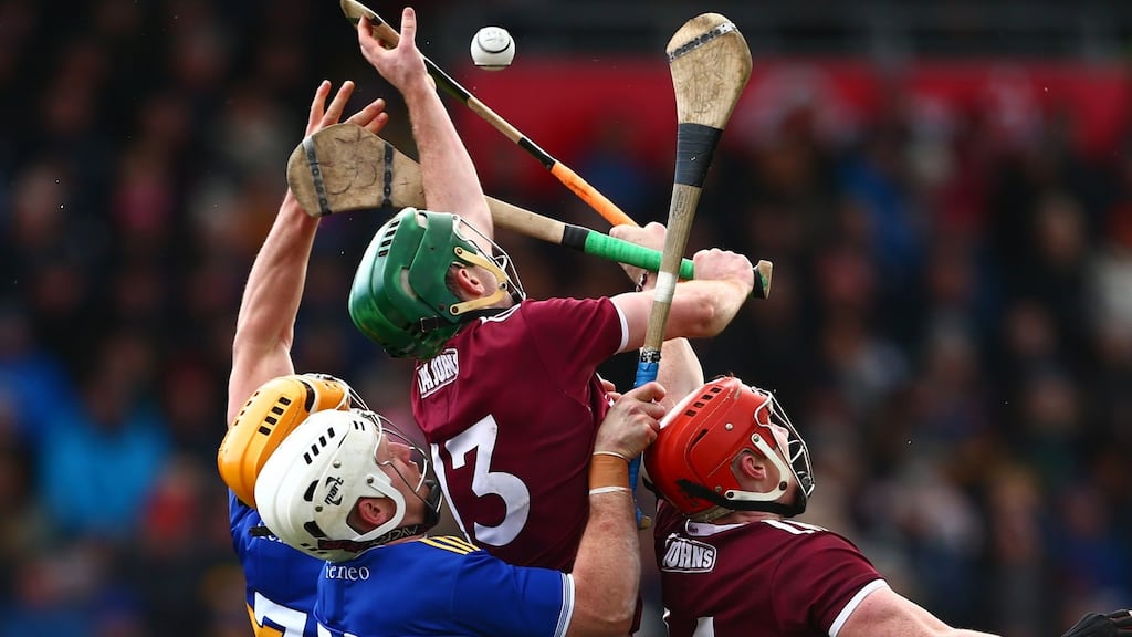 Tipperary’s Ronan Maher and Cian Darcy with Galway’s Conor Cooney and Conor Whelan. Hurling receipts are going to be down this year because of the redrawing of Division 1. Photograph: Tom O’Hanlon/Inpho