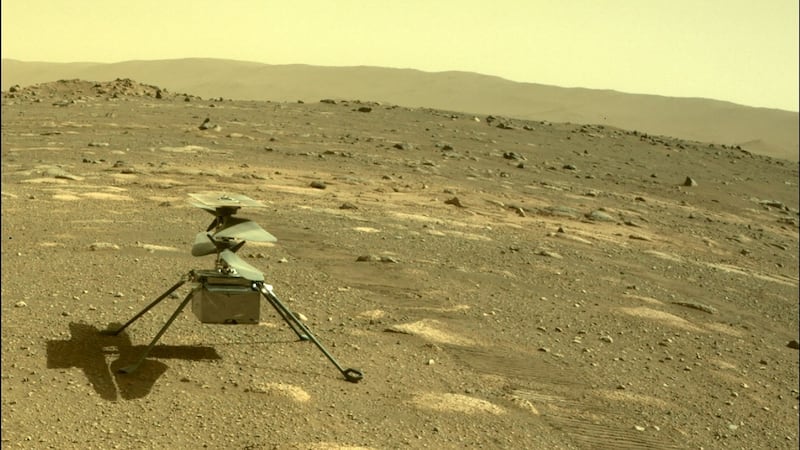 The Ingenuity helicopter seen on Mars as viewed by the Perseverance rover rear Hazard Camera on April 4th, 2021. Photograph: Nasa/JPL-Caltech/AFP via Getty Images