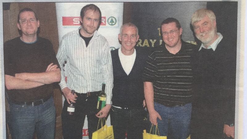 Derek Croy, John Groarke, Colm OSullivan and John O’Sullivan with quiz host Ray D’Arcy.