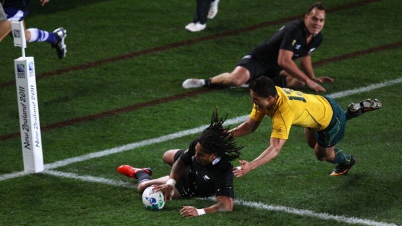 Ma’a Nonu slides to score after just six minutes of New Zealand’s 2011 Rugby World Cup semi-final against Australia. Photograph: Getty