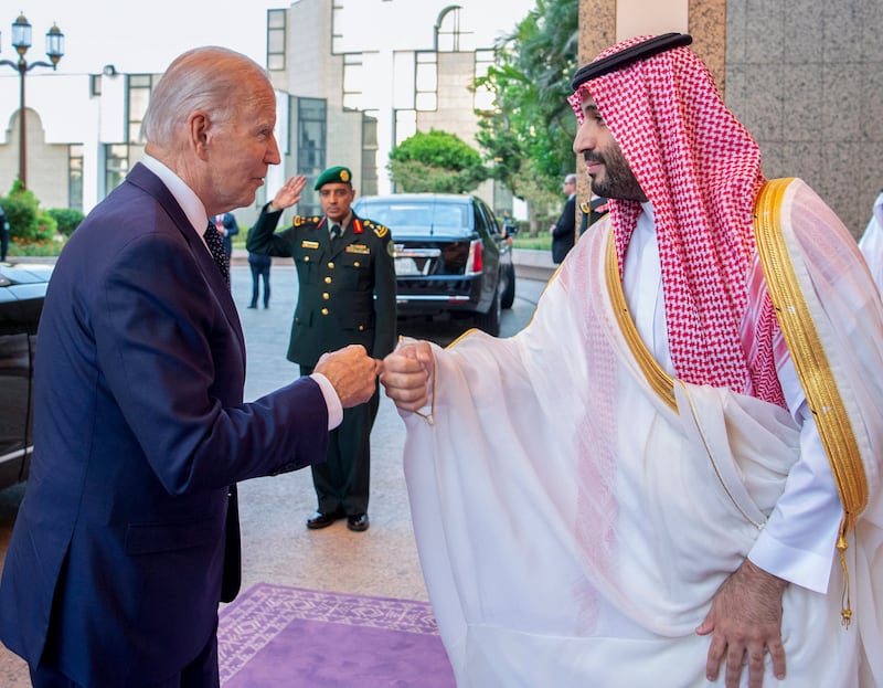 Four months have passed since US president Joe Biden bumped fists with Saudi Arabia’s crown prince Mohammed bin Salman. Photograph: Bandar Aljaloud/Saudi Royal Palace/AP