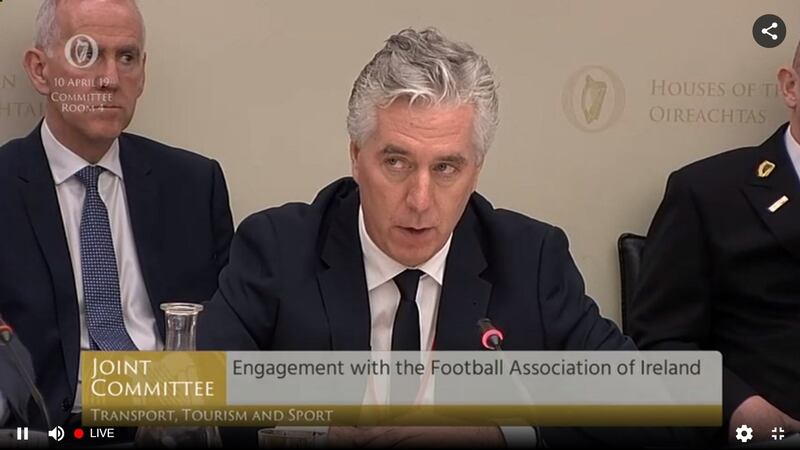 A screengrab from Oireachtas TV of FAI executive vice-president John Delaney before the Oireachtas Sports Committee. Photograph: PA