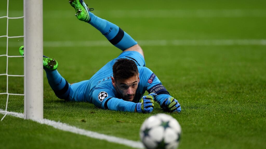 Tottenham captain Hugo Lloris saves a shot during the Champions League group E encounter with Bayer Leverkusen. Photograph: Getty Images