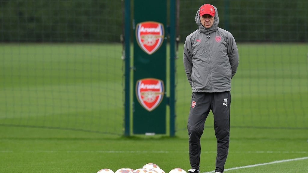 Arsenal manager Arsène Wenger during a training session before the team’s Europa League first-leg quarter-final against CSKA Moscow. Photograph: AFP Photo/Ben Stansall