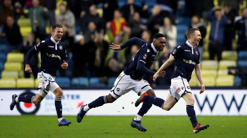 Shane Ferguson celebrates scoring Millwall’s winner as they came from behind to beat Hull at The Den. Photograph: Dan Istitene/Getty