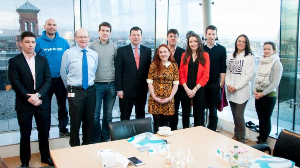 Some of the 11 AIB start-up Academy finalists pictured with Irish Times editor Kevin O’Sullivan (third from left) and Ken Burke (centre), head of business banking at AIB, at the newspaper’s Dublin office. Photograph: Conor Mulhern