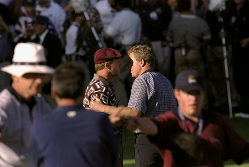 Payne Stewart with Colin Montgomerie during the 1999 Ryder Cup at Brookline. Photograph: Craig Jones/Allsport