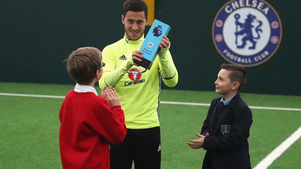 Eden Hazard of Chelsea is awarded the October Player of the Month at the Chelsea Training Ground in Cobham, England. Photo: Christopher Lee/Getty Images for Premier League