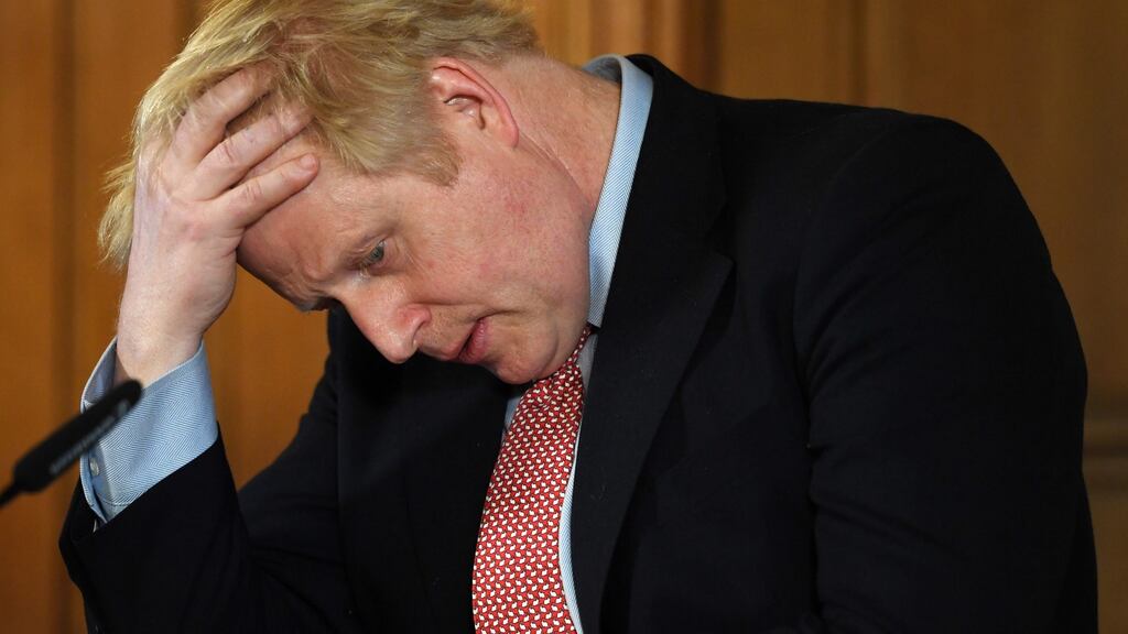 British prime minister Boris Johnson speaks during a news conference inside 10 Downing Street in London. Photograph: Facundo Arrizabalaga / EPA