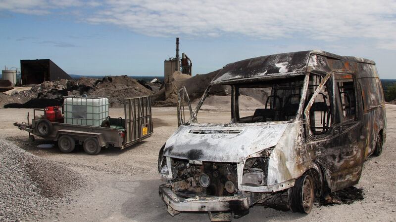 One of the burnt out vandalised vehicles at the tarmac plant in Ballyconnell, Co Cavan taken on 24th July. Photograph: Lorraine Teevan