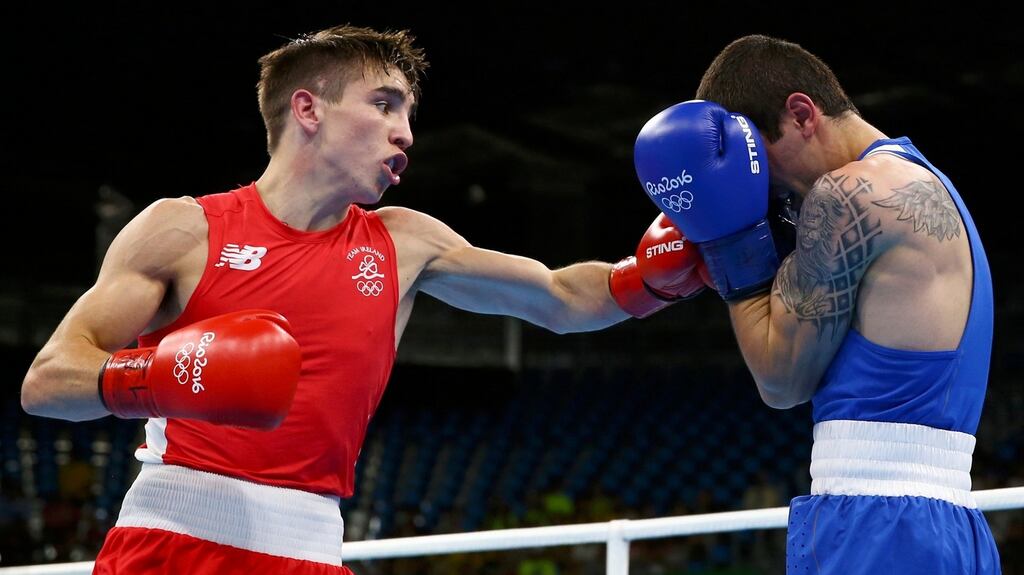 Michael Conlan in action against Aram Avagyan of Armenia. Photo: Peter Cziborra/Reuters