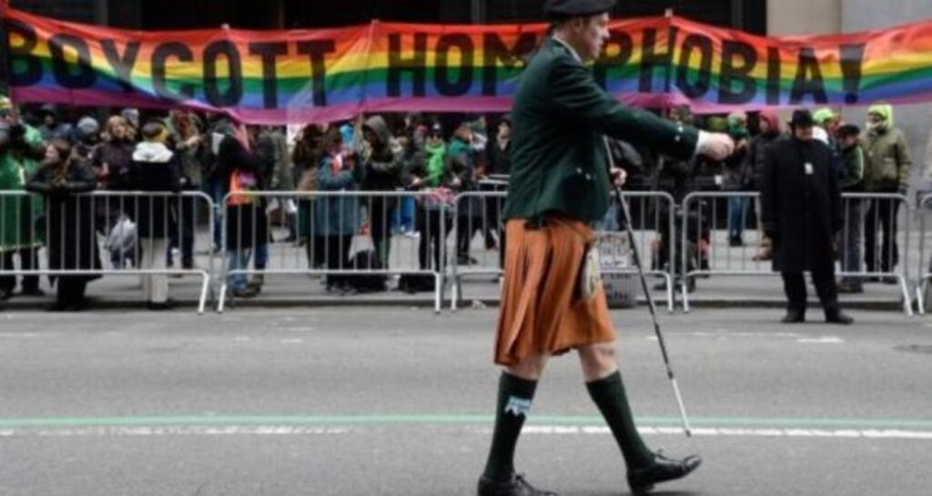 Gay Rights supporters protest against the exclusion of the gay community during the 252nd annual Saint Patrick’s Day Parade in New York, March 2014. Photograph: Andrew Gombert/EPA