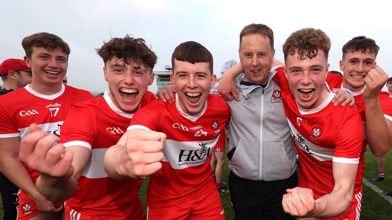 Derry’s Calum Downey and Eoin McEvoy, Karl Doherty, Lee Brady and manager Martin Boyle celebrate their Ulster minor title last year. Photo: John McVitty/Inpho