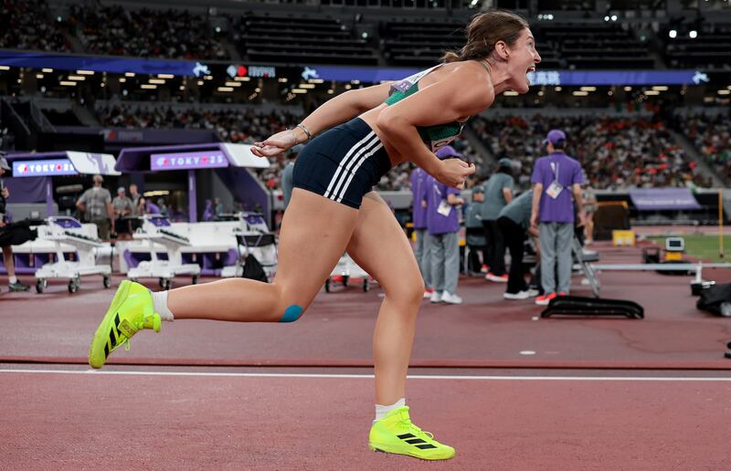 Ireland’s Kate O’Connor after releasing the javelin as she threw a new personal best and got back into the medal positions. Photograph: Morgan Treacy/Inpho