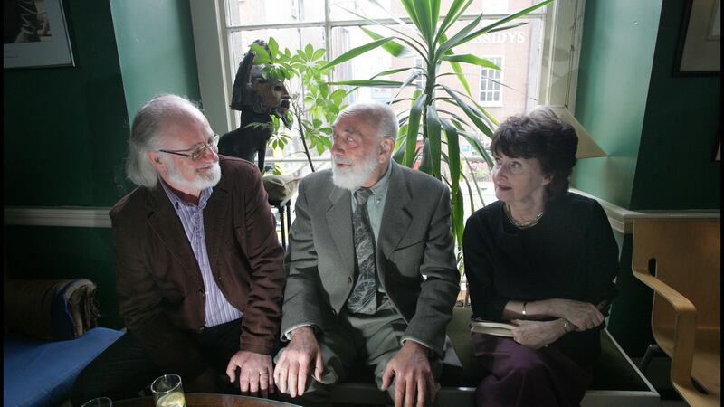 Thomas Kinsella, centre, with John F. Deane and Eavan Boland at the Gate Theatre. Photograph: Brenda Fitzsimons