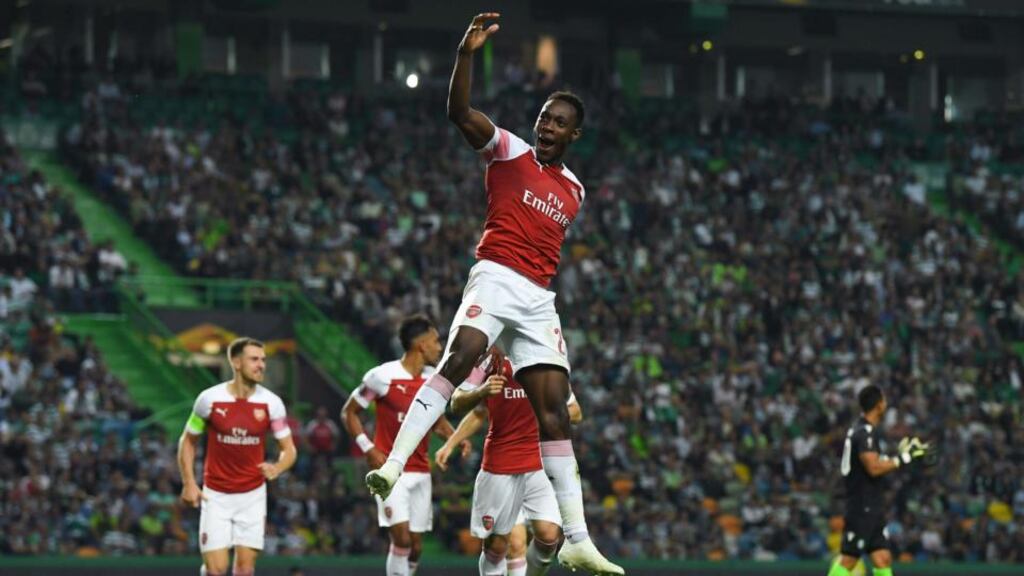 Arsenal’s Danny Welbeck celebrates scoring his side’s goal during the Europa League Group E match against Sporting Lisbon at the Estádio José Alvalade in Lisbon. Photograph: David Ramos/Getty Images