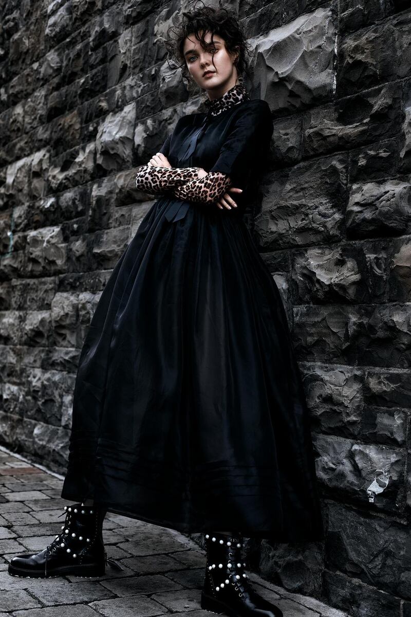 Dress €549, leopard-print blouse €99, both Ganni, Arnotts. Boots €79,99 Zara.