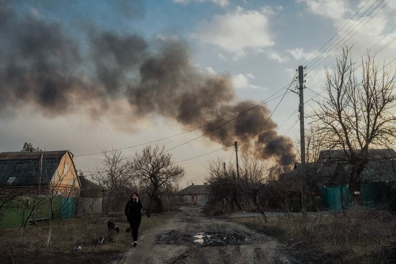 Smoke rises from the site of a Russian rocket strike at an industrial complex in Slovyansk, Ukraine. Photograph: Daniel Berehulak/The New York Times