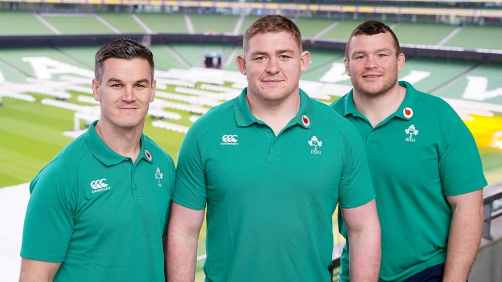 Pictured left to right: Johnny Sexton, Tadhg Furlong and Jack McGrath, at the Aviva Stadium, Dublin