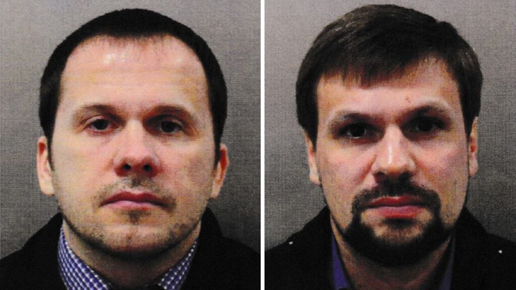 Alexander Petrov and Ruslan Boshirov. Theresa May said the men flew into Britain in March to try and murder Sergei Skripal, a former GRU officer who sold secrets to MI6. Photograph: Metropolitan Police/PA Wire