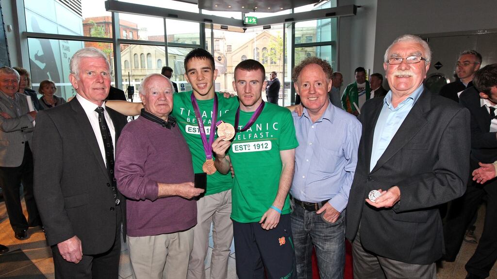 Hugh Russell, second from the right (bronze, Moscow 1980), joins the other Belfast Olympic boxing medallists, Jim McCourt (bronze, Tokyo 1964), Freddie Gilroy (bronze, Melbourne 1956), Michael Conlan (bronze, London 2012) and Paddy Barnes (bronze, London 2012) and John McNally (silver, Helsinki in 1952) at a reception in 2012 to welcome home Conlan and Barnes. Photograph: Kelvin Boyes/Inpho/Presseye