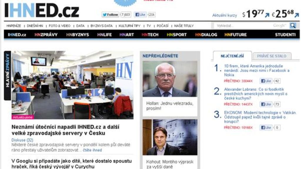 A screengrab showing the online version of business daily Hospodarske Noviny which was attacked by hackers this morning.