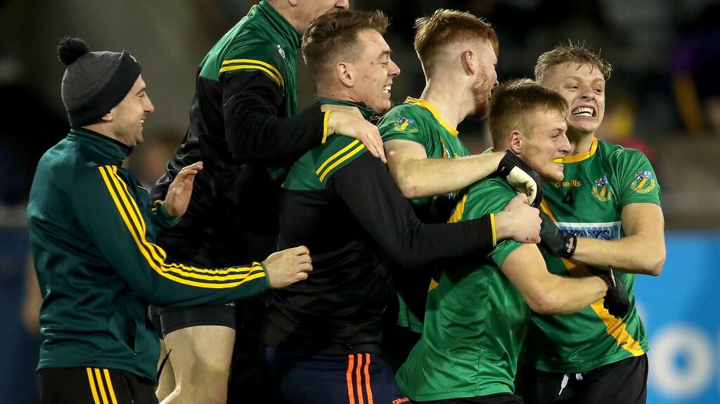 Thomas Davis players celebrating their victory over Kilmacud Crokes in their Dublin senior football championship semi-final in Parnell Park. Photograph: Bryan Keane/Inpho