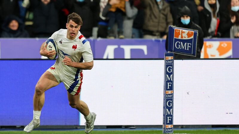 Damian Penaud crosses to score France’s fourth try against Ireland. Photograph: Ryan Byrne/Inpho
