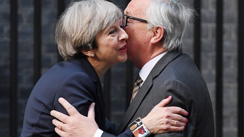 British prime minister Theresa May welcoming European Commission president Jean-Claude Juncker at Downing Street last week. Photograph: Andy Rain/EPA