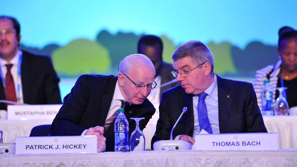 Pat Hickey with IOC president Thomas Bach at the NOC general assembly in Washington DC last year. Photograph: Larry French/Getty Images