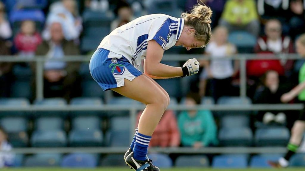 Ellen McCarron celebrates at the final whistle following  Monaghan’s semi-final victory over Galway at Breffni Park. Photograph: Lorraine O’Sullivan/Inpho