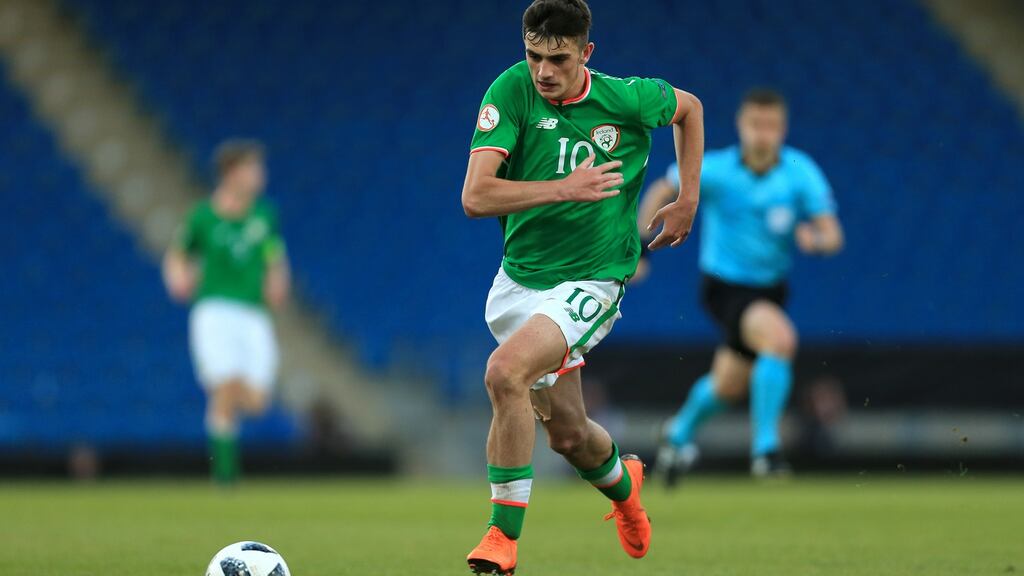 Troy Parrott scored a hat-trick as the Republic of Ireland Under-19s beat the faroe Islands in Longford. Photograph: Simon Stacpoole/Inpho