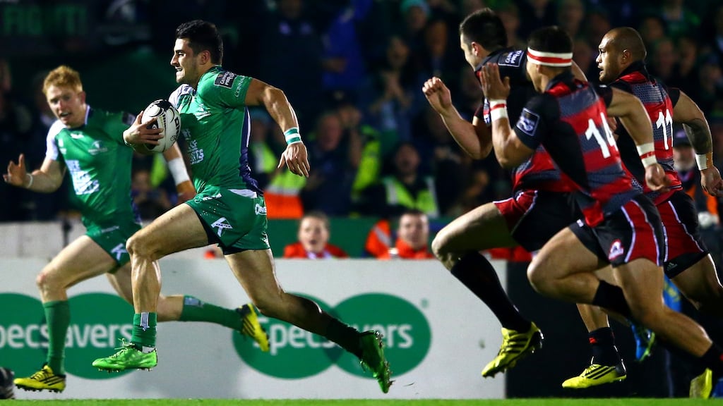 Tiernan O’Halloran switches from wing to fullback to replace the injured Robbie Henshaw. Photograph: James Crombie/Inpho
