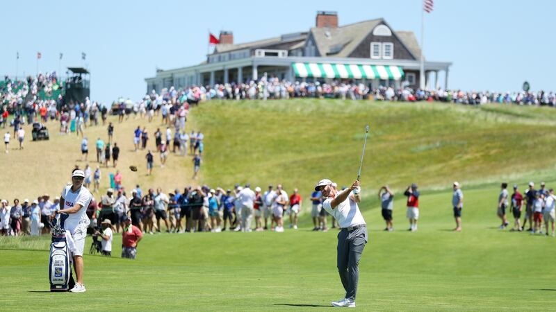 Dustin Johnson in action during the first round of the US Open at Shinnecock Hills Golf Club in Southampton, New York. Photograph: Warren Little/Getty Images
