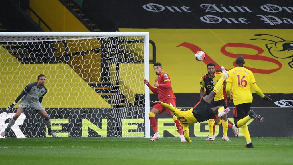 Danny Welbeck scores the winner for Watford in their Premier League meeting with Norwich. Photo: Andy Rain/NMC/Pool