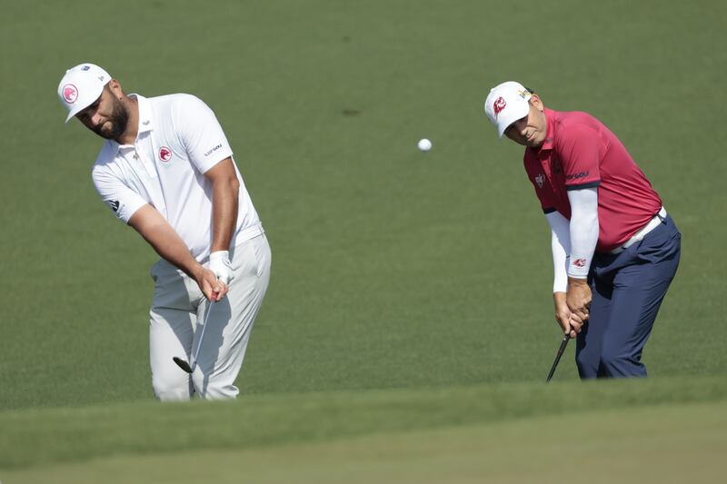 Jon Rahm and Sergio Garcia during the final practice round for the Masters Tournament at Augusta National. Photograph: John G Mabanglo/EPA/EFE