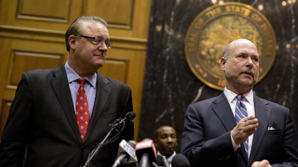 Indiana senate president David Long (left) and house speaker Brian Bosma during a press conference at the Capitol in Indianapolis. Photograph: Aaron P Bernstein/Getty Images