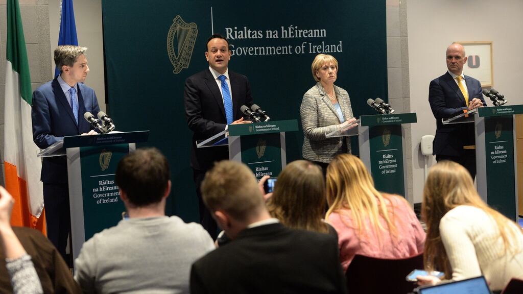 Taoiseach Leo Varadkar with Cabinet colleagues Simon Harris and Heather Humphreys, as well as Tony Holohan, chief medical officer, following the meeting of the Cabinet sub-committee on Covid-19. Photograph: Dara Mac Dónaill / The Irish Times