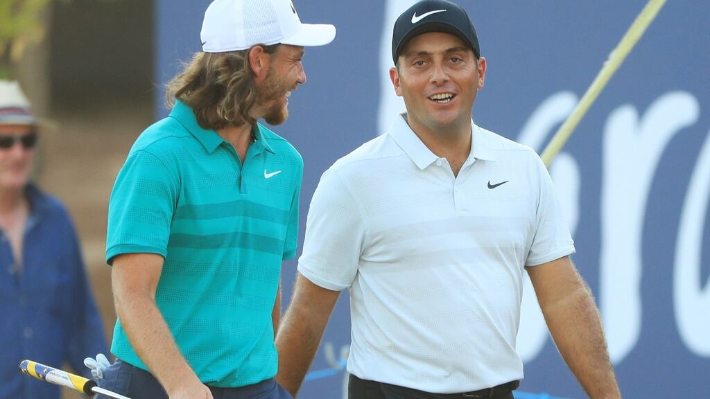 Francesco Molinari and Tommy Fleetwood during day one of the DP World Tour Championship in Dubai. Photograph: Andrew Redington/Getty Images