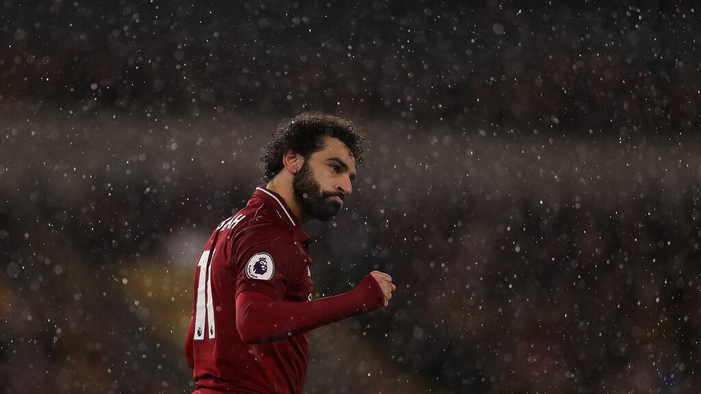 Mohamed Salah of Liverpool celebrates scoring the first goal during the Premier League win over Wolves. Photo: Richard Heathcote/Getty Images