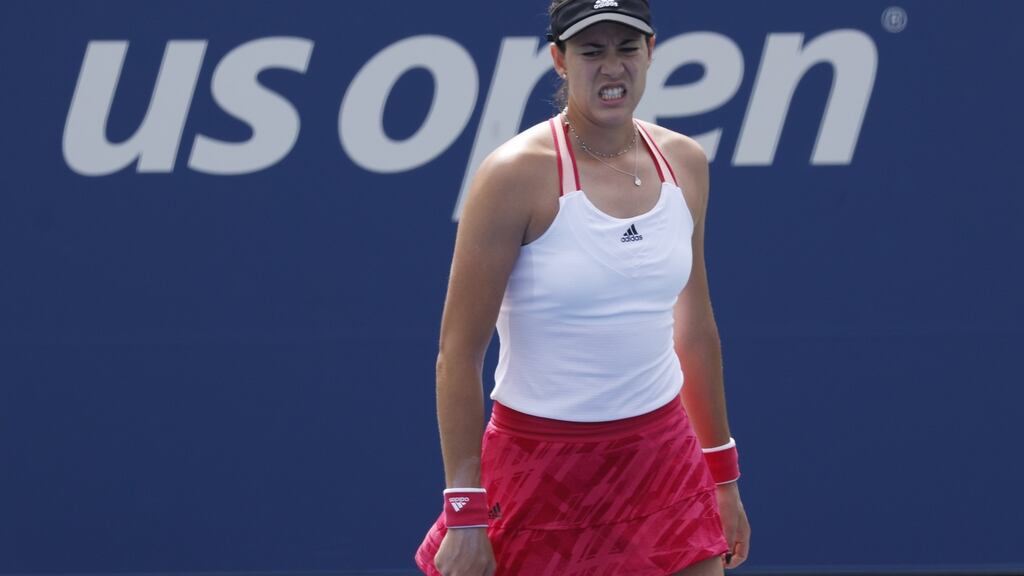 Garbine Muguruza of Spain reacts as she plays Tsevatna Pironkova of Bulgaria during their match on the fourth day of the US Open Tennis Championships in Flushing Meadows, New York on September 3rd. Photograph: Jason Szenes/EPA