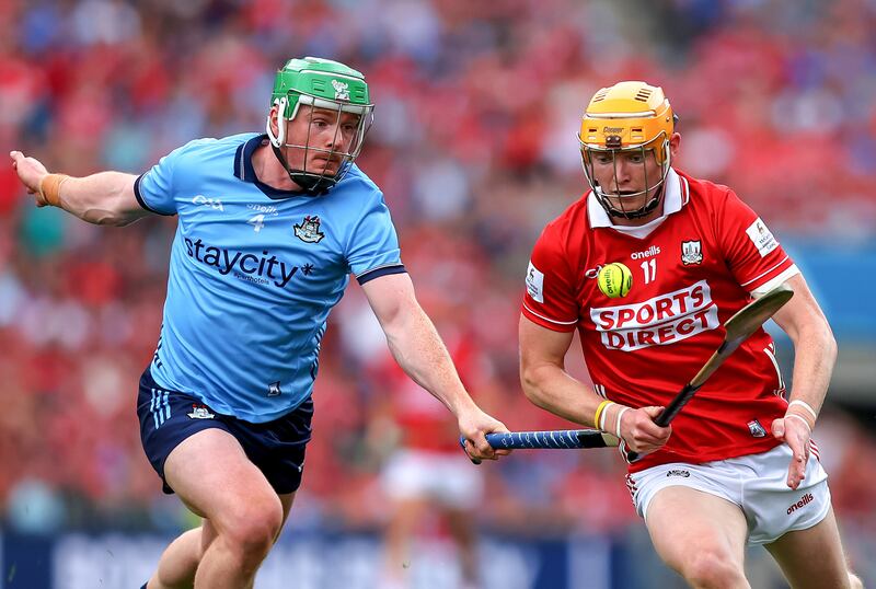 Cork’s Shane Barrett holds off Dublin's Conor McHugh. Photograph: Tom O’Hanlon/Inpho