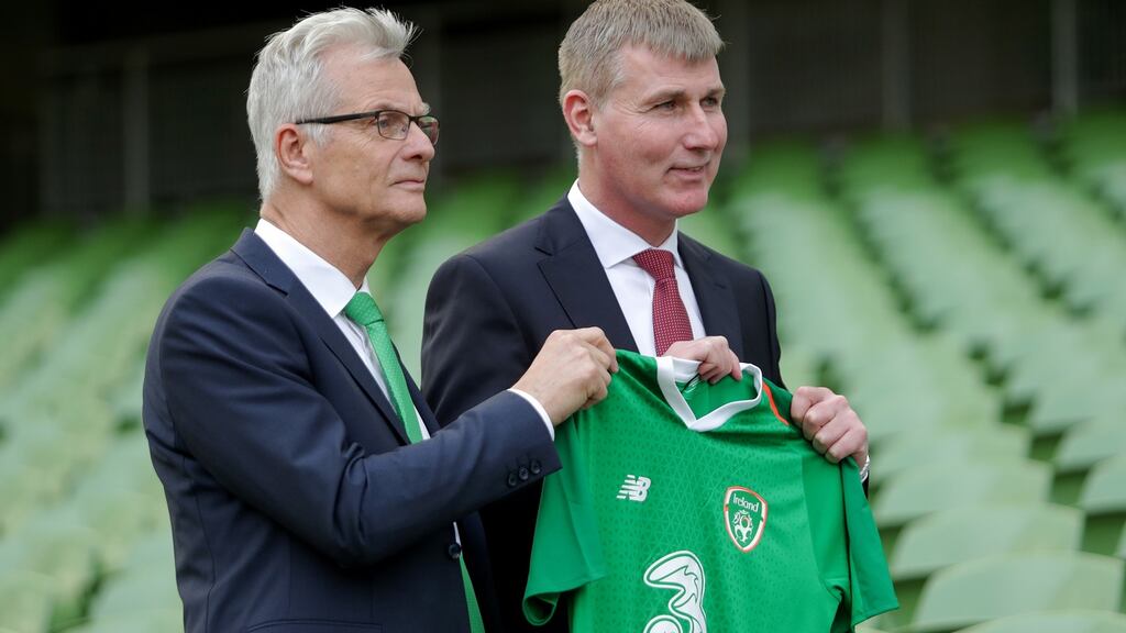 FAI high performance director Ruud Doktur with new Republic of Ireland U-21 manager Stephen Kenny. Photograph: Laszlo Geczo/Inpho