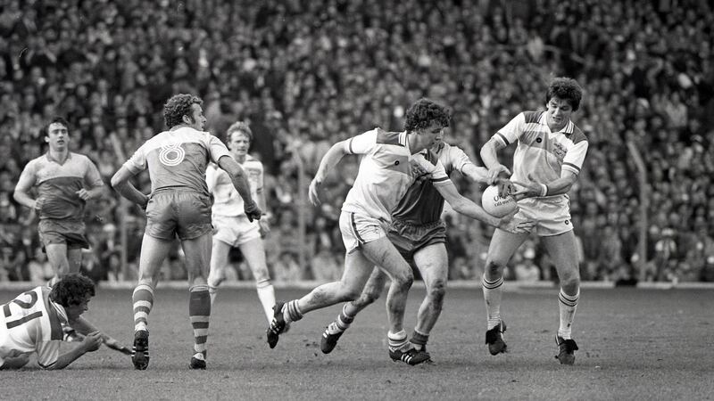 Offaly’s Pádraig Dunne and Richie Connor of Kerry battle for posession during the 1981 All-Ireland final. Photograph: Billy Stickland/Inpho