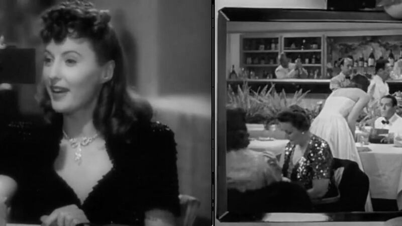 The Lady Eve: con artist Jean Harrington (Barbara Stanwyck) uses a hand mirror to spy on a man in a restaurant.