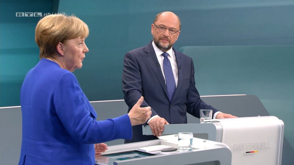 Martin Schulz, leader of Germany’s SPD  party and German chancellor Angela Merkel during a televised debate in Berlin. Photograph: AFP/MG RTL D