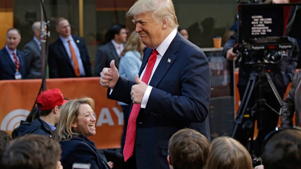 US Republican presidential candidate Donald Trump gestures to the crowd during an appearance on NBC’s Today Show in Rockefeller Plaza in New York. Photograph: Peter Foley/EPA