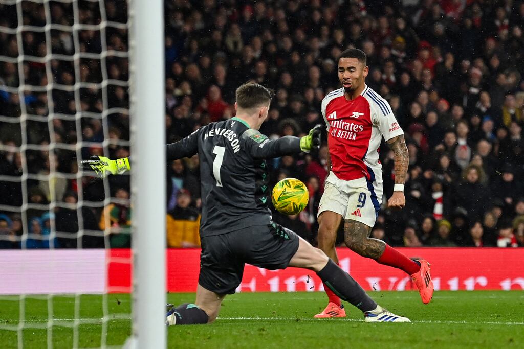 Gabriel Jesus shoots past Crystal Palace's Dean Henderson to score Arsenal's first goal. Photograph: Glyn Kirk/AFP via Getty Images