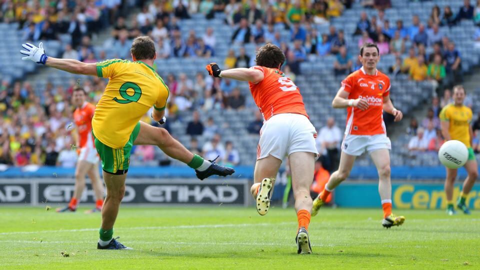 Donegal’s Odhran Mac Niallais scores the opening goal of the game. Photograph: Cathal Noonan/Inpho