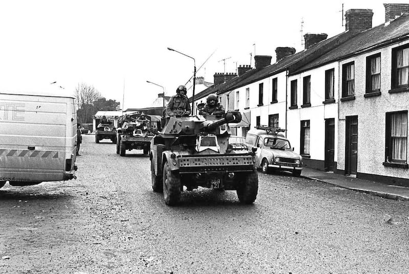 Irish Defence Forces vehicles in Ballinamore, Co Leitrim, joining the search for Don Tidey in December 1983. Photograph: Pat Langan/The Irish Times